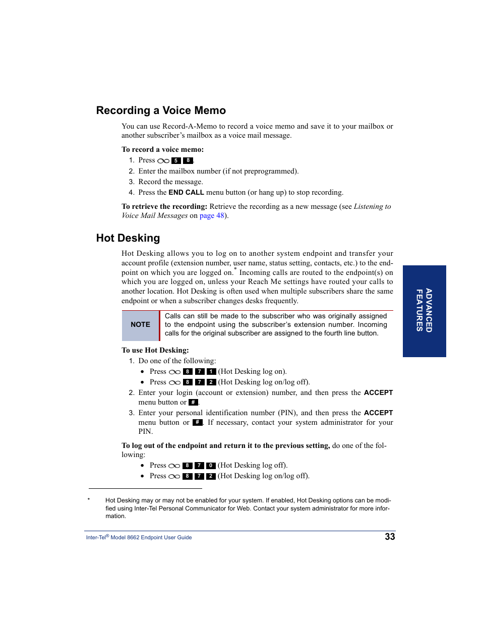 Recording a voice memo, Hot desking, Recording a voice memo hot desking | Inter-Tel 7000 8662 User Manual | Page 47 / 90