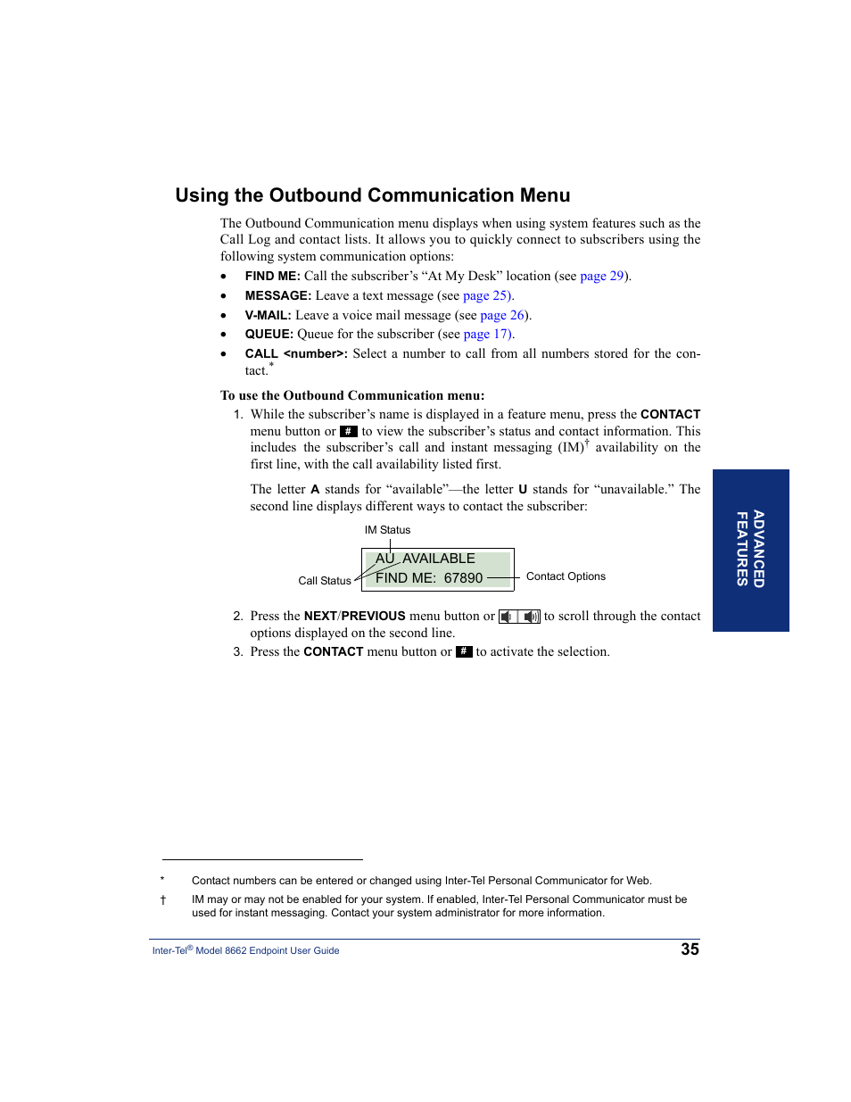 Using the outbound communication menu | Inter-Tel 7000 8662 User Manual | Page 49 / 90