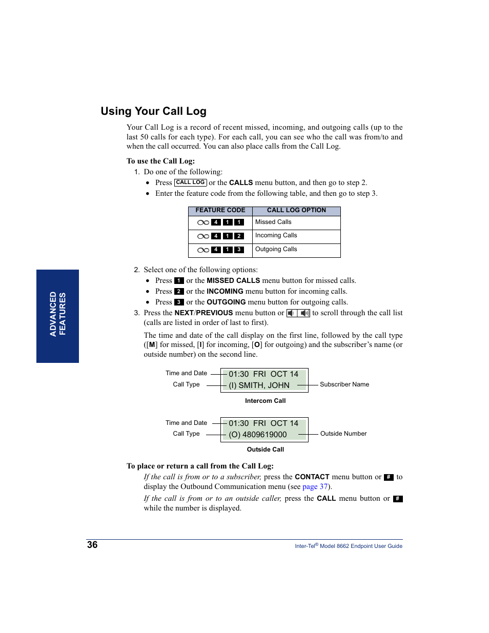 Using your call log, Call log (see | Inter-Tel 7000 8662 User Manual | Page 50 / 90