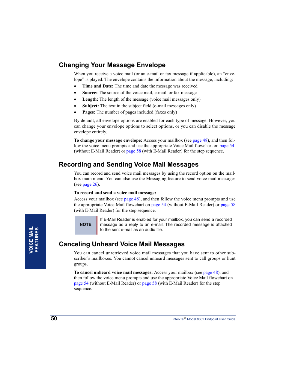 Changing your message envelope, Recording and sending voice mail messages, Canceling unheard voice mail messages | Inter-Tel 7000 8662 User Manual | Page 64 / 90