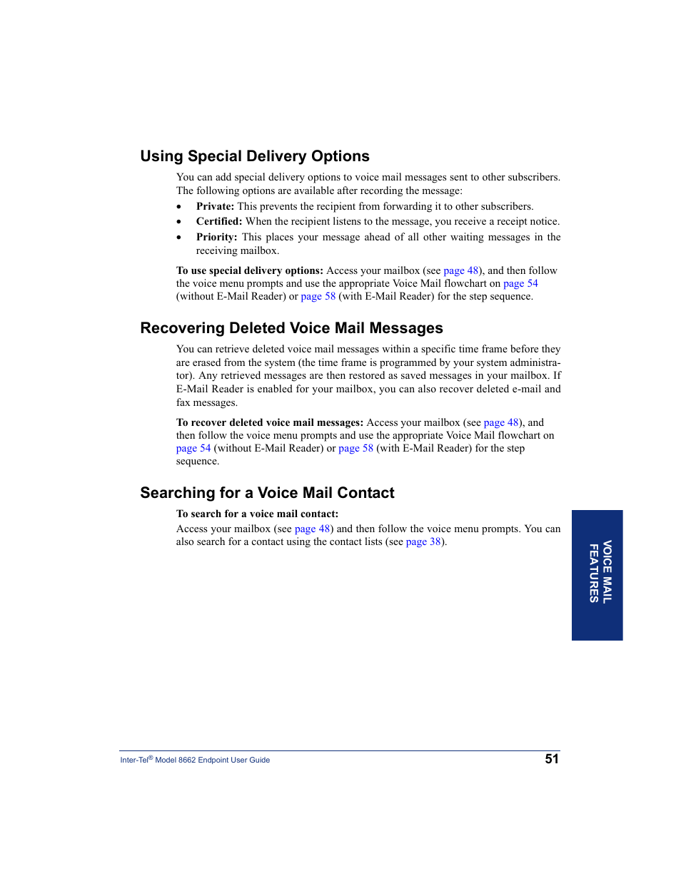 Using special delivery options, Recovering deleted voice mail messages, Searching for a voice mail contact | Inter-Tel 7000 8662 User Manual | Page 65 / 90