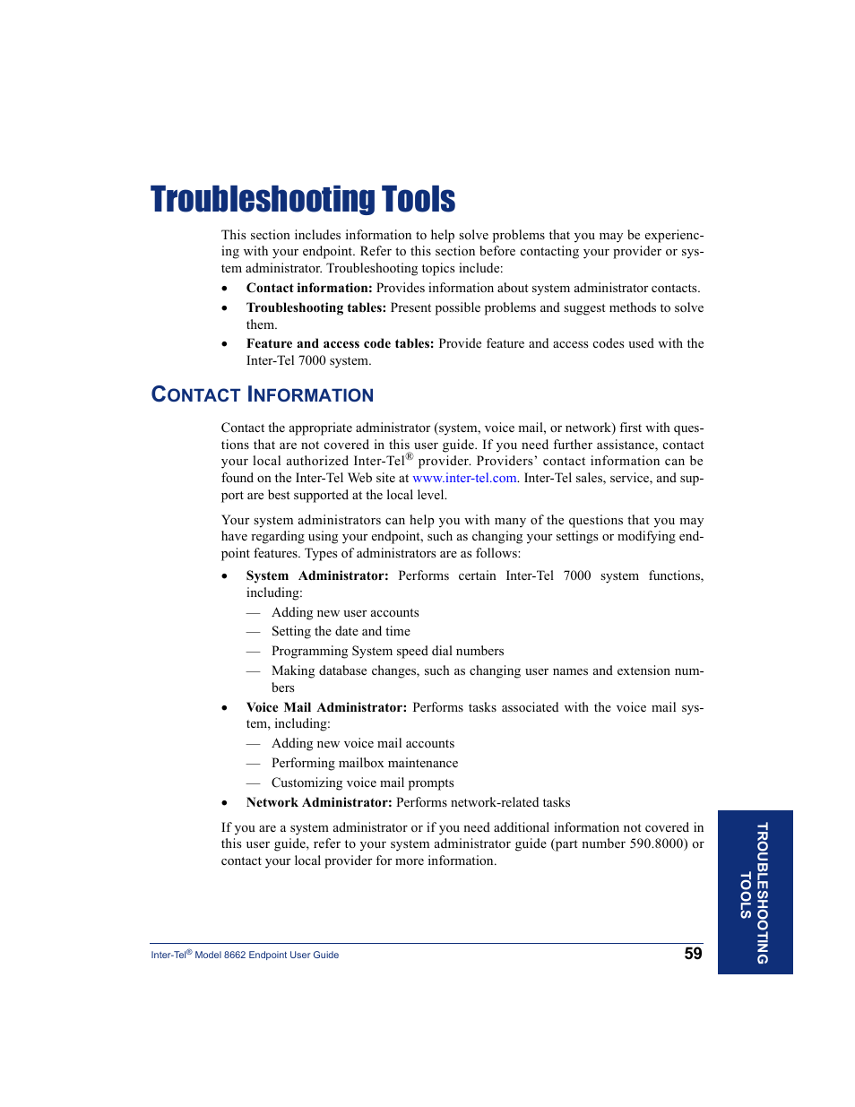 Troubleshooting tools, Contact information | Inter-Tel 7000 8662 User Manual | Page 73 / 90