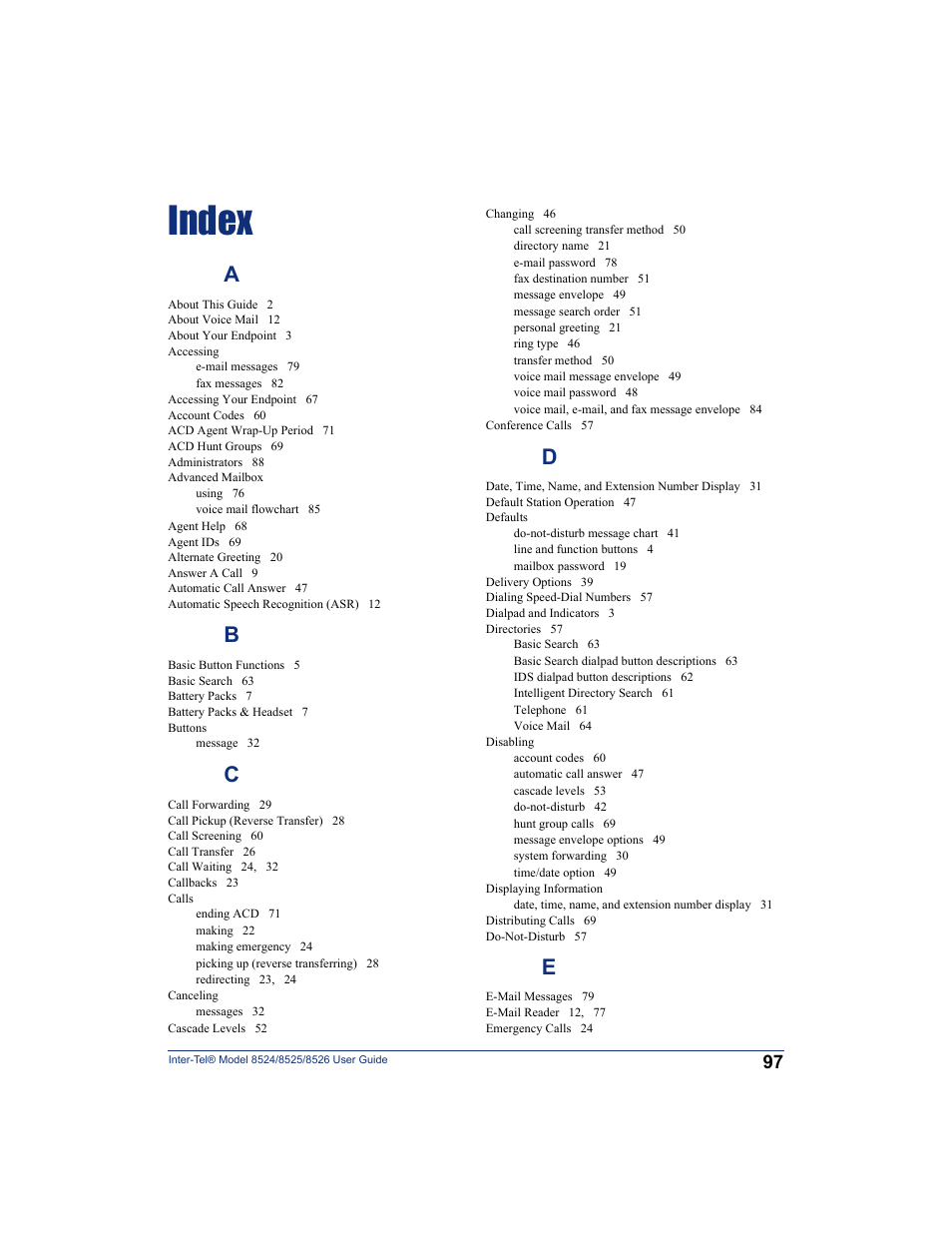 Index, Index (see | Inter-Tel 8526 User Manual | Page 109 / 114