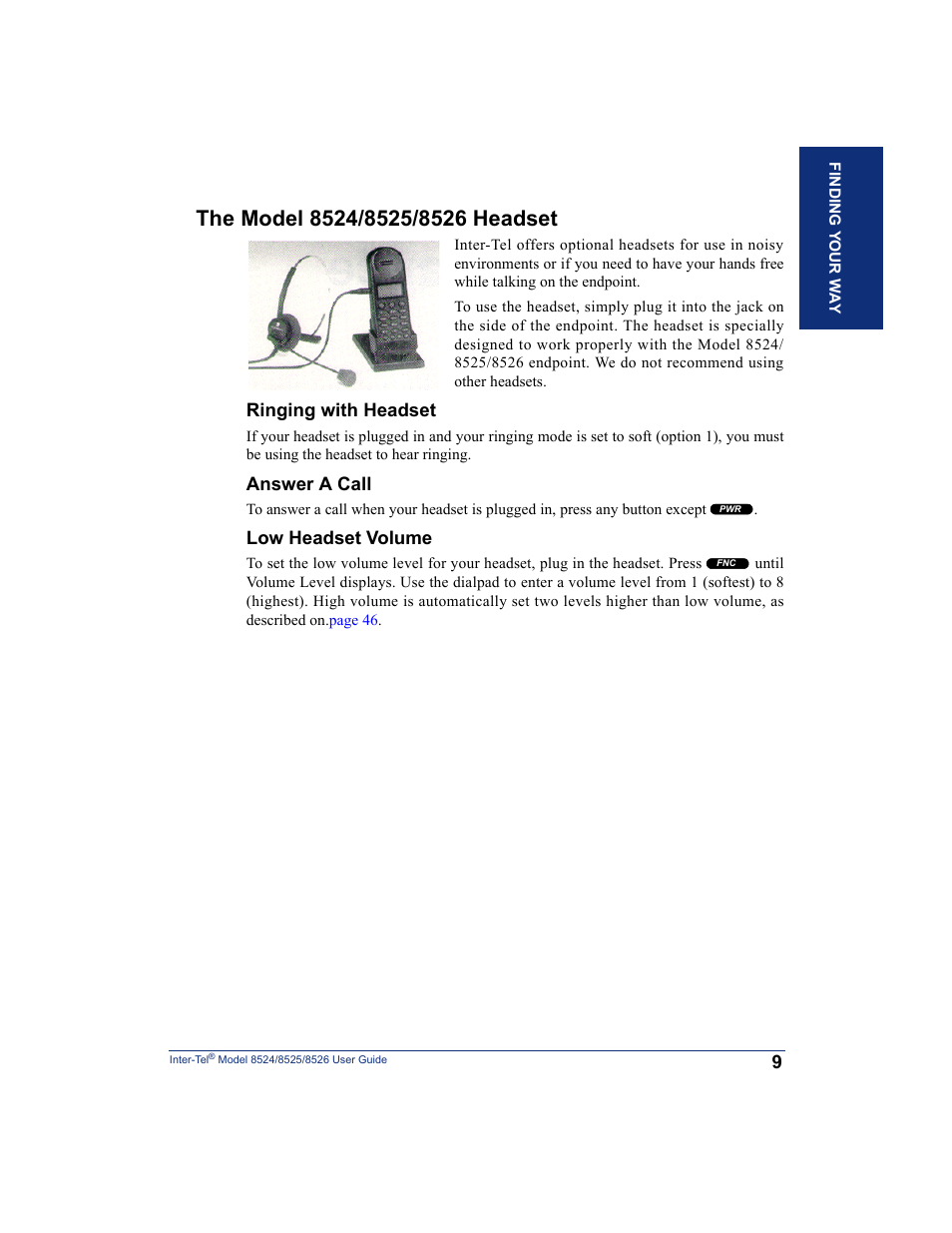 The model 8524/8525/8526 headset | Inter-Tel 8526 User Manual | Page 21 / 114