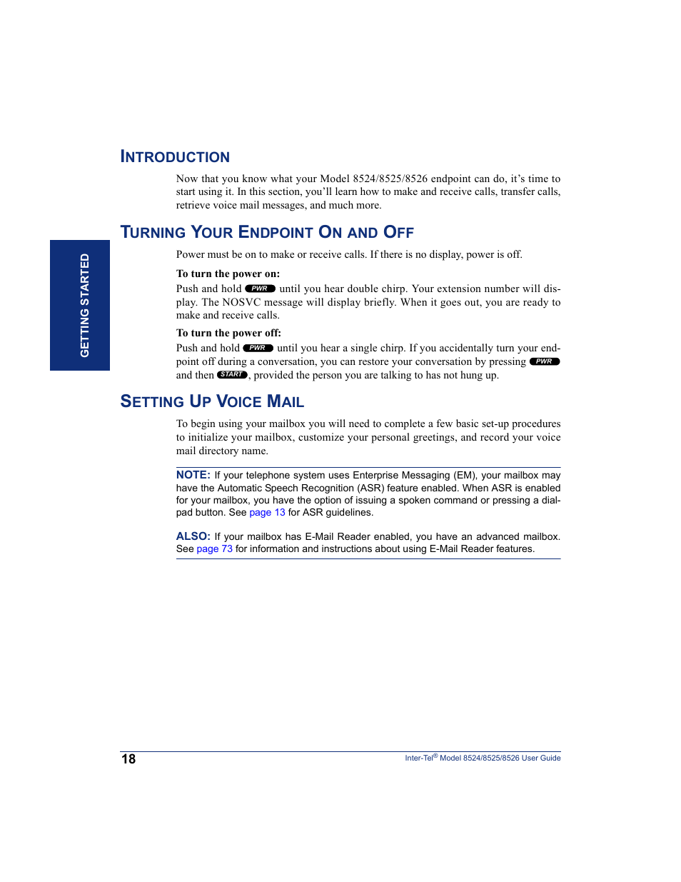 Introduction, Turning your endpoint on and off, Setting up voice mail | Inter-Tel 8526 User Manual | Page 30 / 114