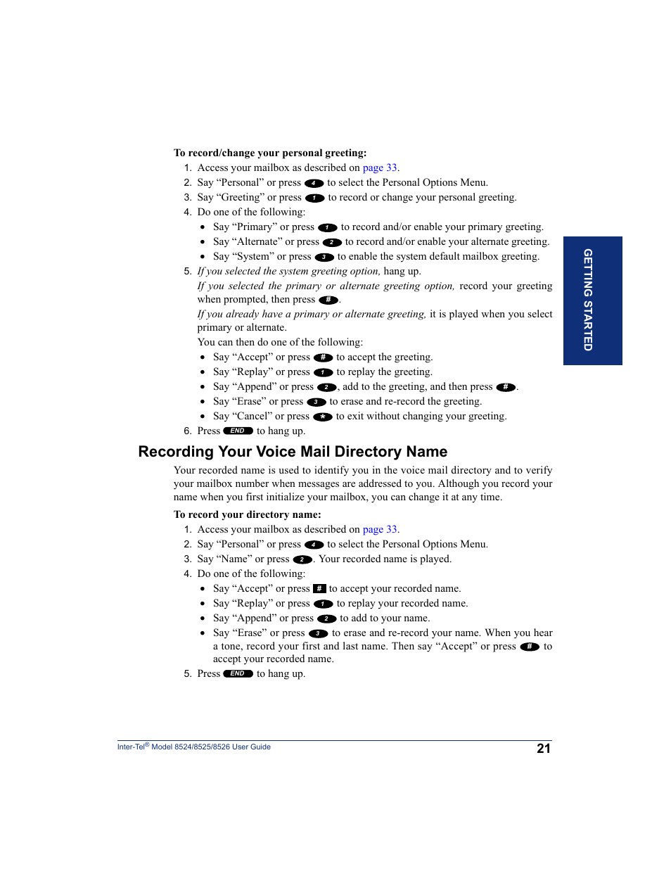Recording your voice mail directory name | Inter-Tel 8526 User Manual | Page 33 / 114
