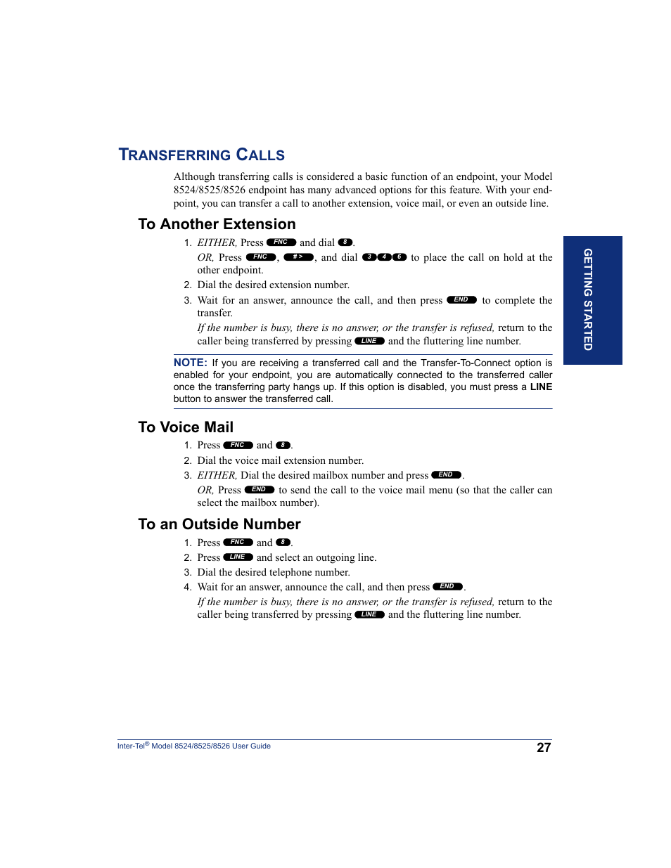 Transferring calls, To another extension, To voice mail | To an outside number, Ransferring, Alls | Inter-Tel 8526 User Manual | Page 39 / 114