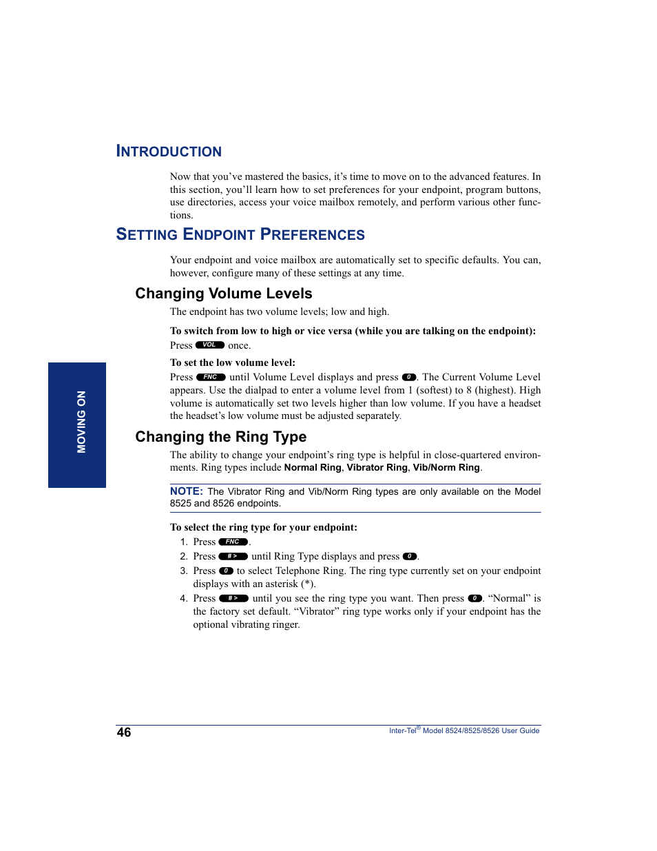 Introduction, Setting endpoint preferences, Changing volume levels | Changing the ring type, Introduction setting endpoint preferences, Changing volume levels changing the ring type, Ntroduction, Etting, Ndpoint, References | Inter-Tel 8526 User Manual | Page 58 / 114