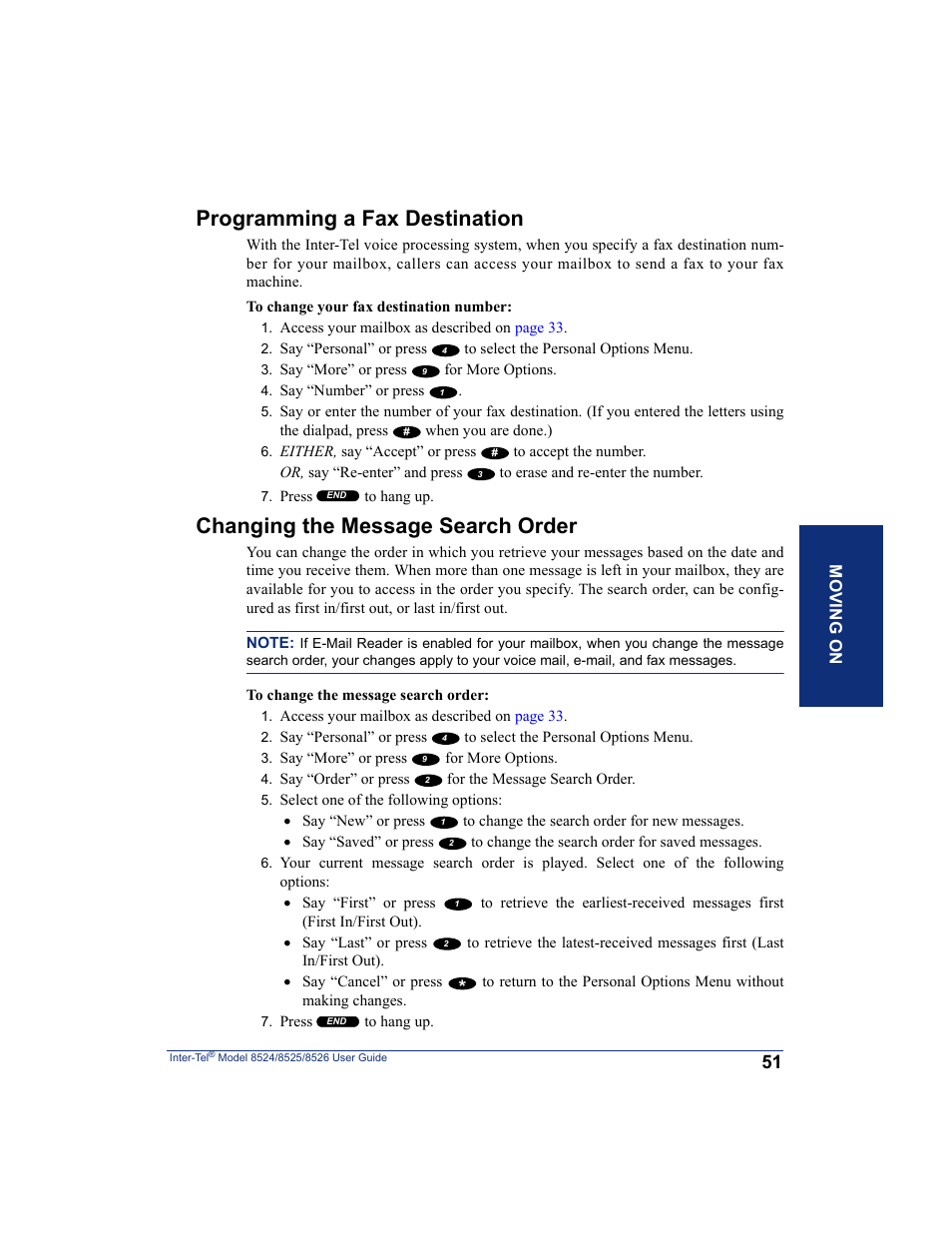 Programming a fax destination, Changing the message search order | Inter-Tel 8526 User Manual | Page 63 / 114