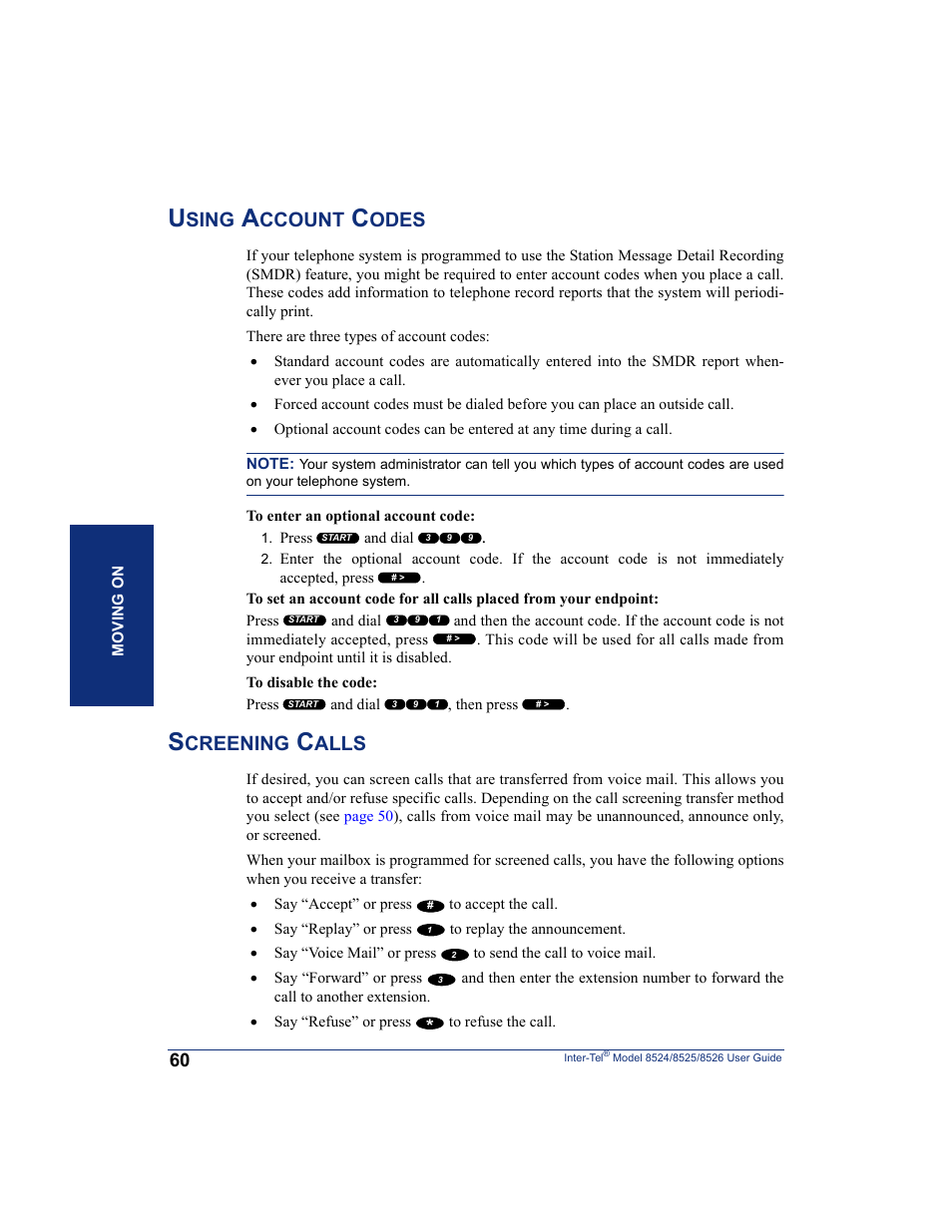 Using account codes, Screening calls, Using account codes screening calls | Sing, Ccount, Odes, Creening, Alls | Inter-Tel 8526 User Manual | Page 72 / 114