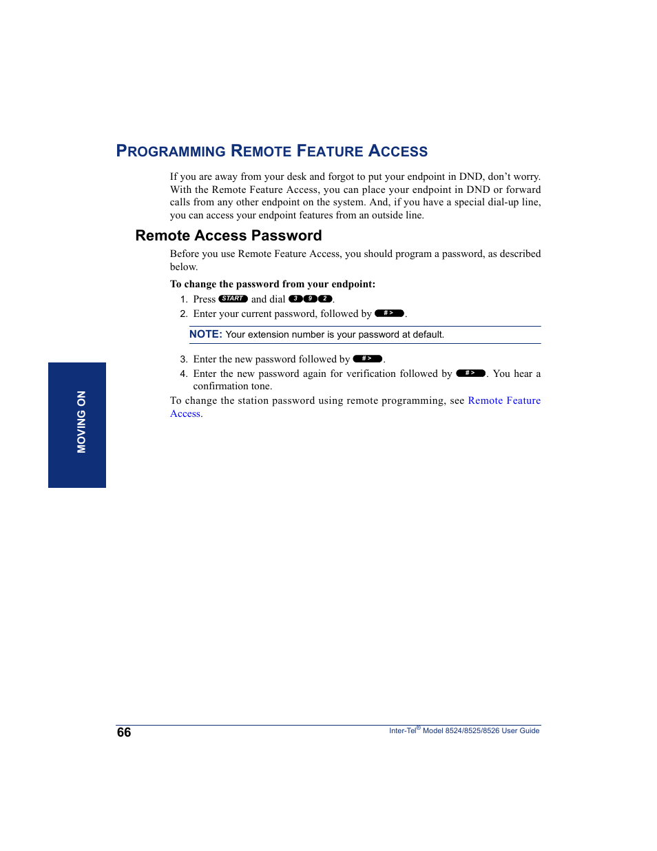 Programming remote feature access, Remote access password, Rogramming | Emote, Eature, Ccess | Inter-Tel 8526 User Manual | Page 78 / 114