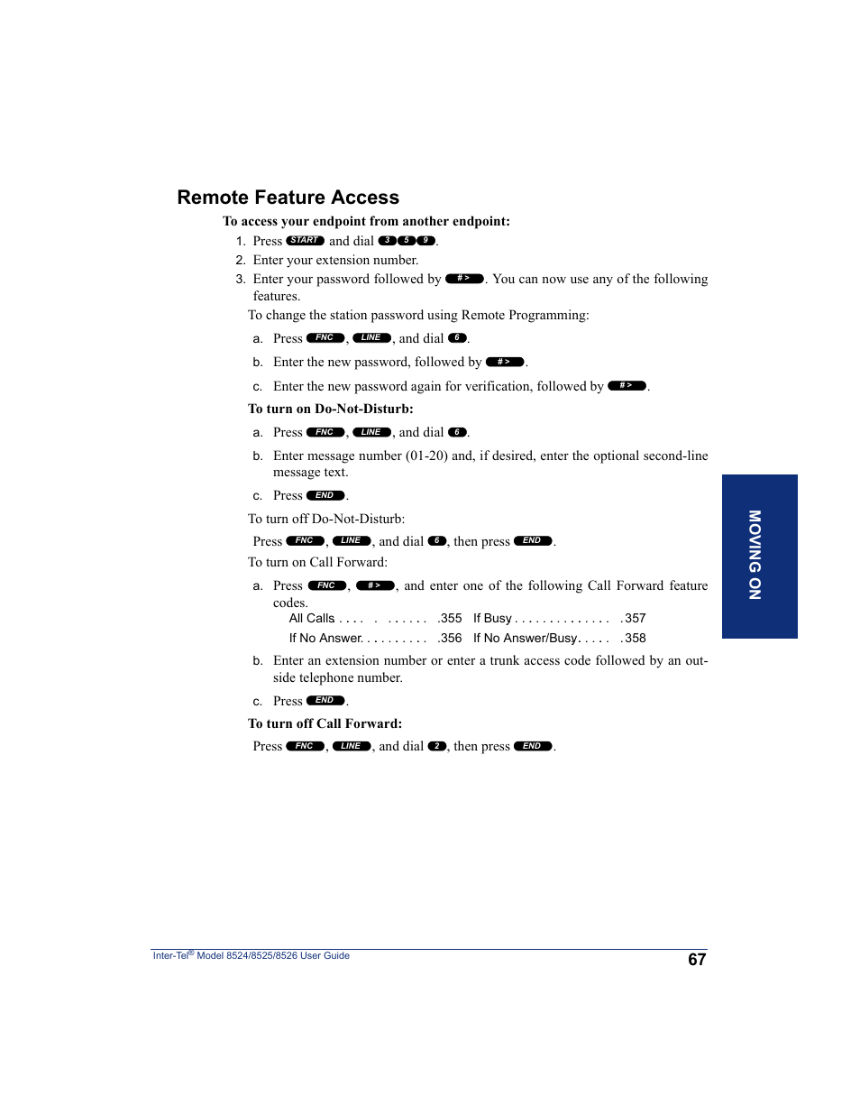 Remote feature access, Mo ving o n | Inter-Tel 8526 User Manual | Page 79 / 114