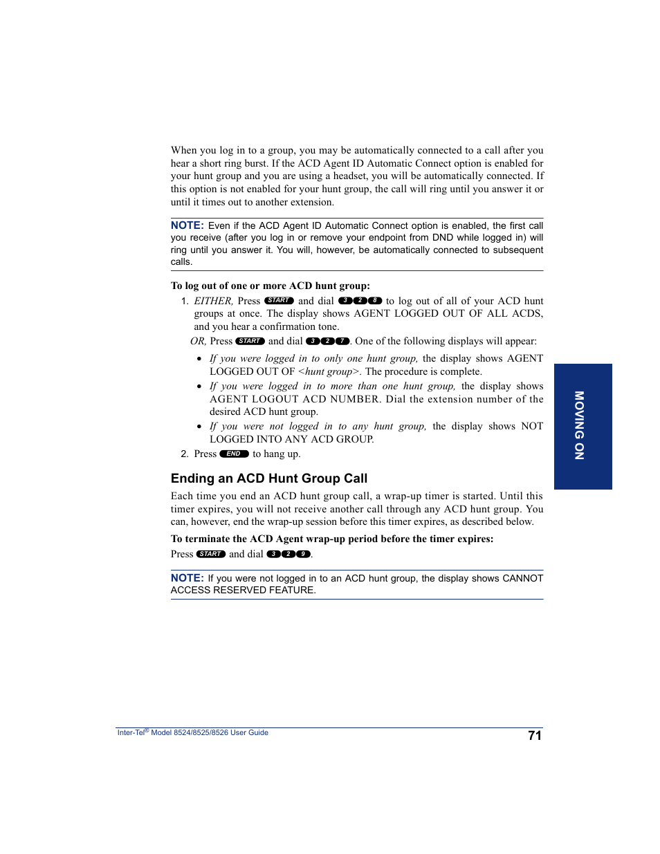 Ending an acd hunt group call, Mo ving o n | Inter-Tel 8526 User Manual | Page 83 / 114