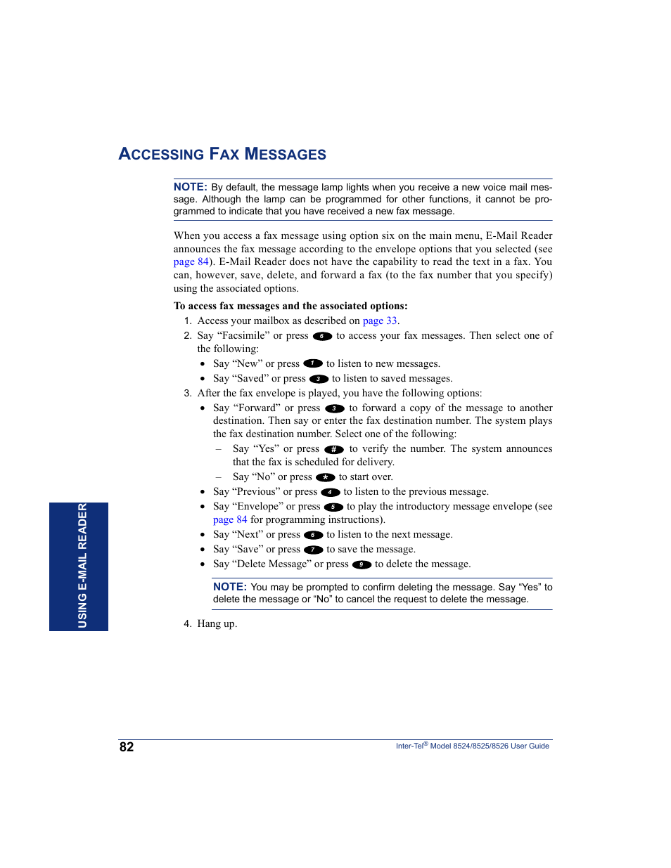 Accessing fax messages, Pted (see, Ccessing | Essages | Inter-Tel 8526 User Manual | Page 94 / 114