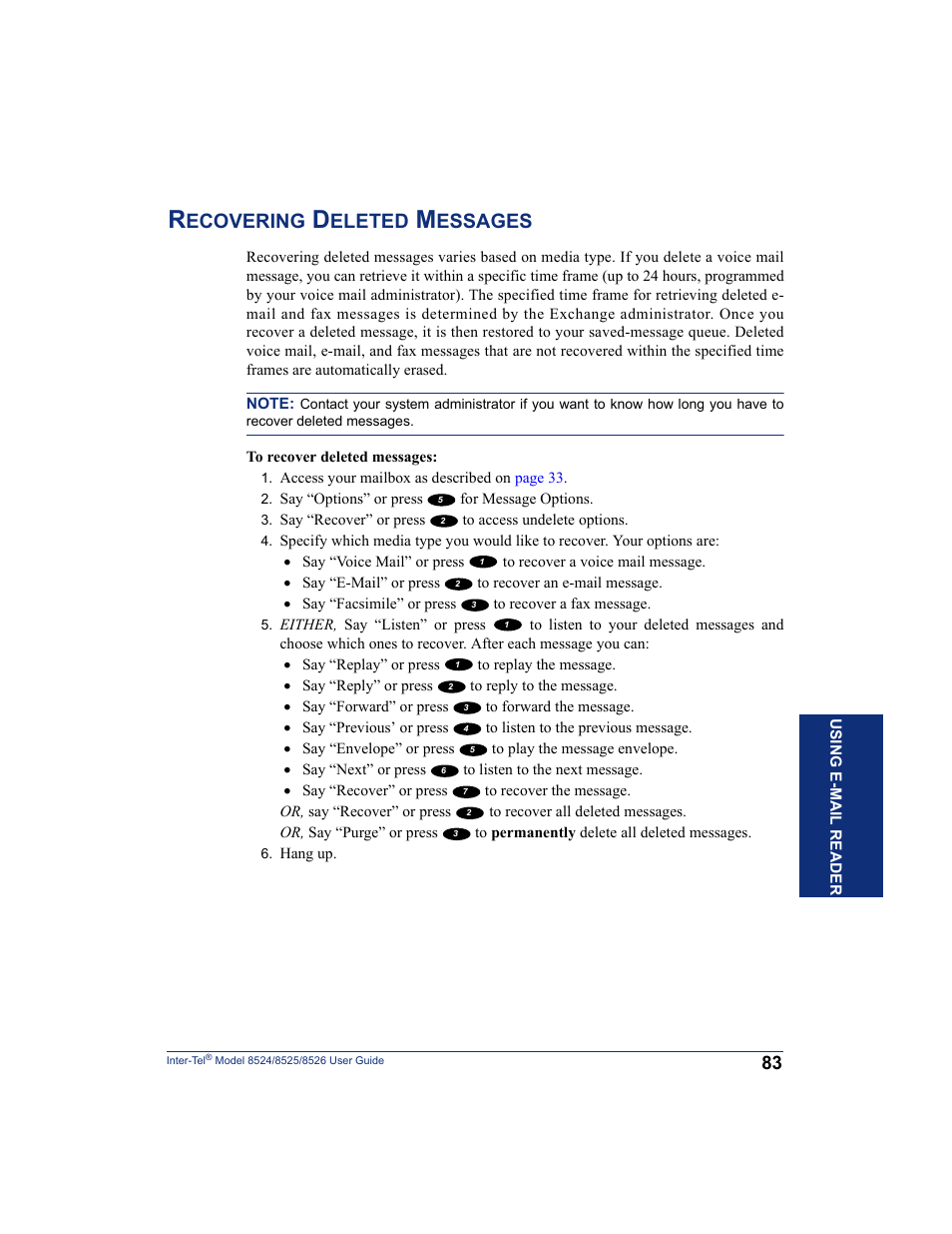 Recovering deleted messages, Ecovering, Eleted | Essages | Inter-Tel 8526 User Manual | Page 95 / 114