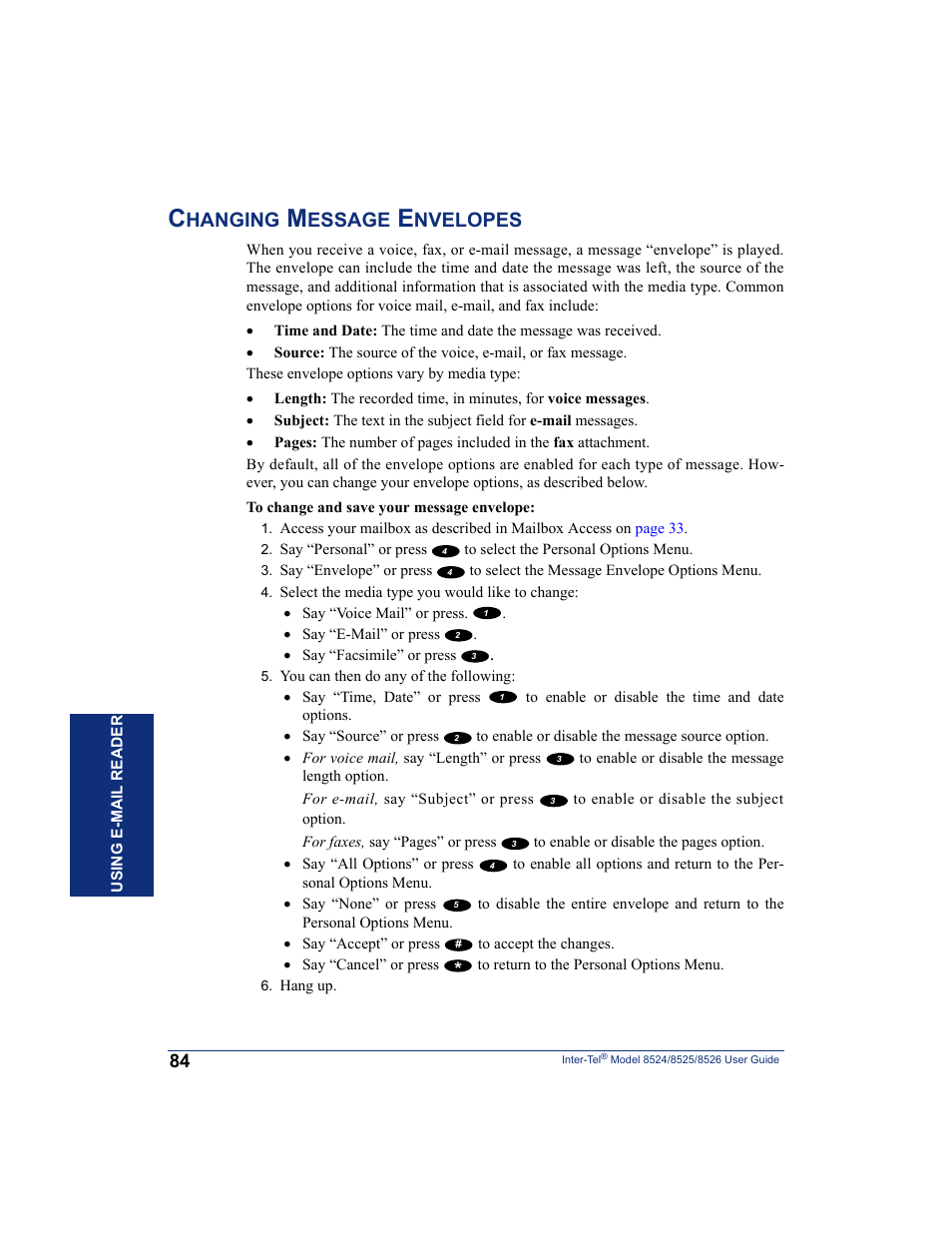 Changing message envelopes, For instructions ab, Hanging | Essage, Nvelopes | Inter-Tel 8526 User Manual | Page 96 / 114