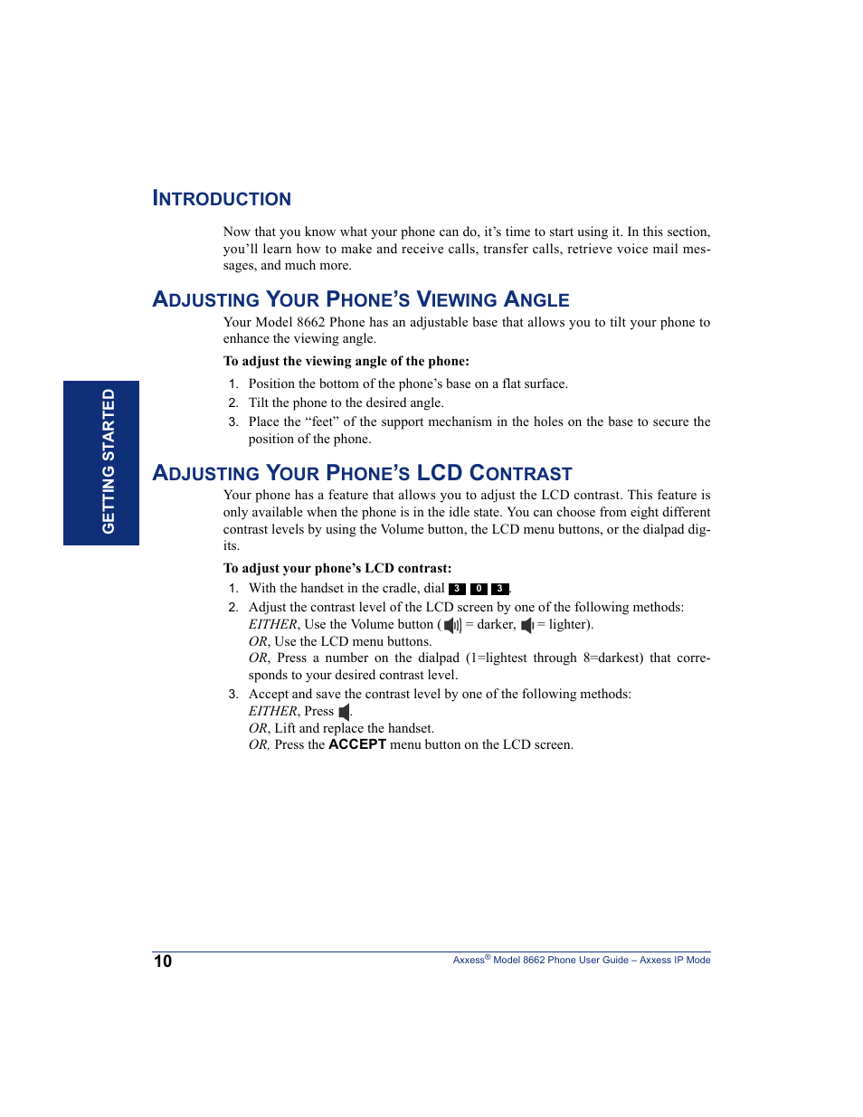 Introduction, Adjusting your phone’s viewing angle, Adjusting your phone’s lcd contrast | Lcd c | Inter-Tel AXXESS 8662 User Manual | Page 20 / 90