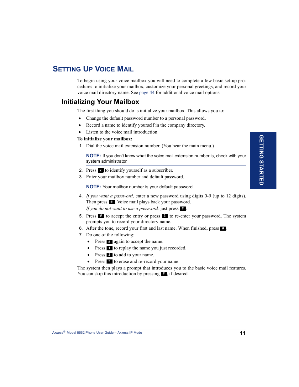 Setting up voice mail, Initializing your mailbox, Etting | Oice | Inter-Tel AXXESS 8662 User Manual | Page 21 / 90