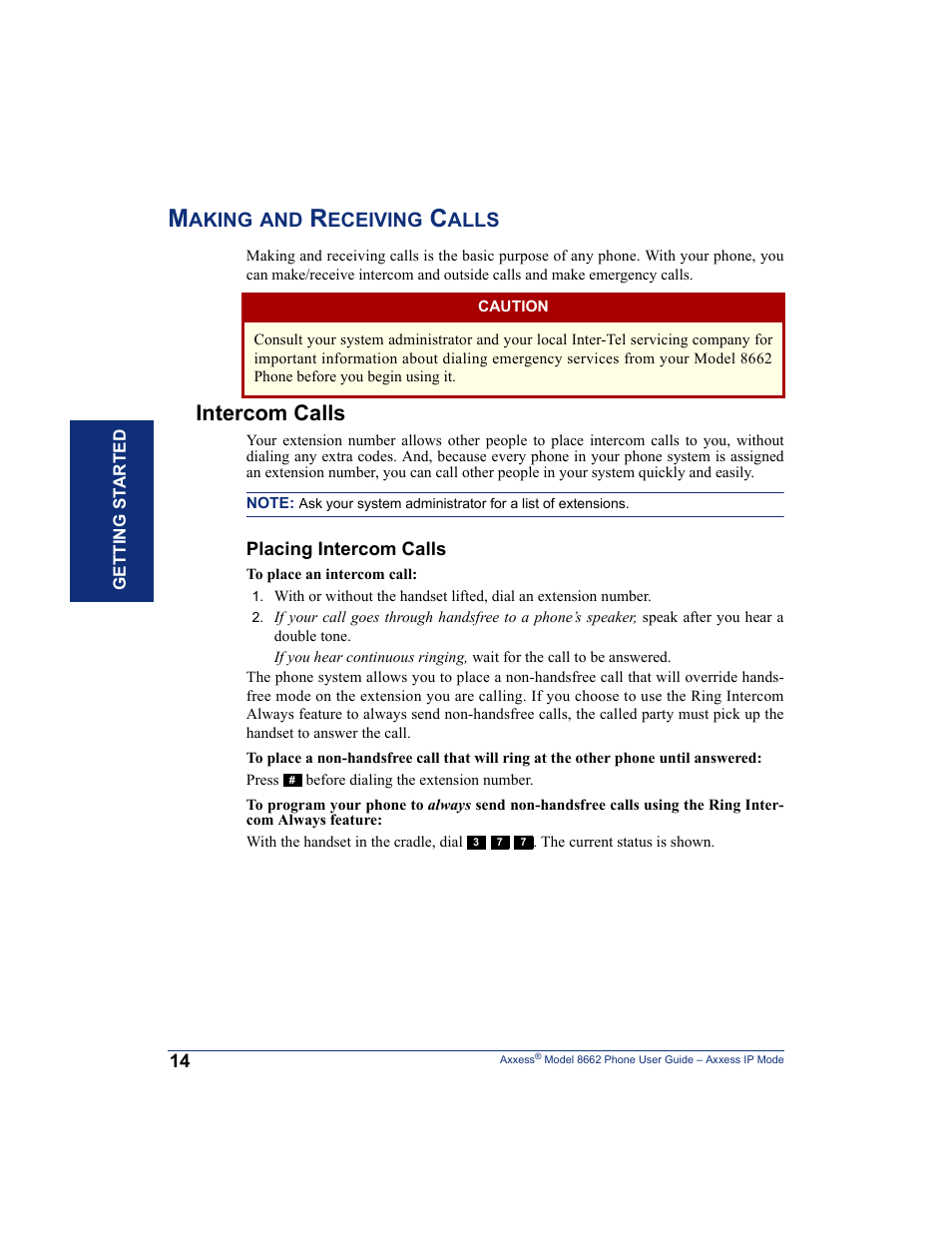 Making and receiving calls, Intercom calls | Inter-Tel AXXESS 8662 User Manual | Page 24 / 90