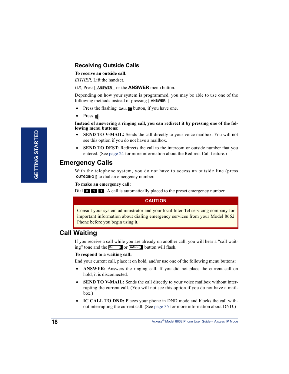 Emergency calls, Call waiting, Receiving outside calls | Inter-Tel AXXESS 8662 User Manual | Page 28 / 90