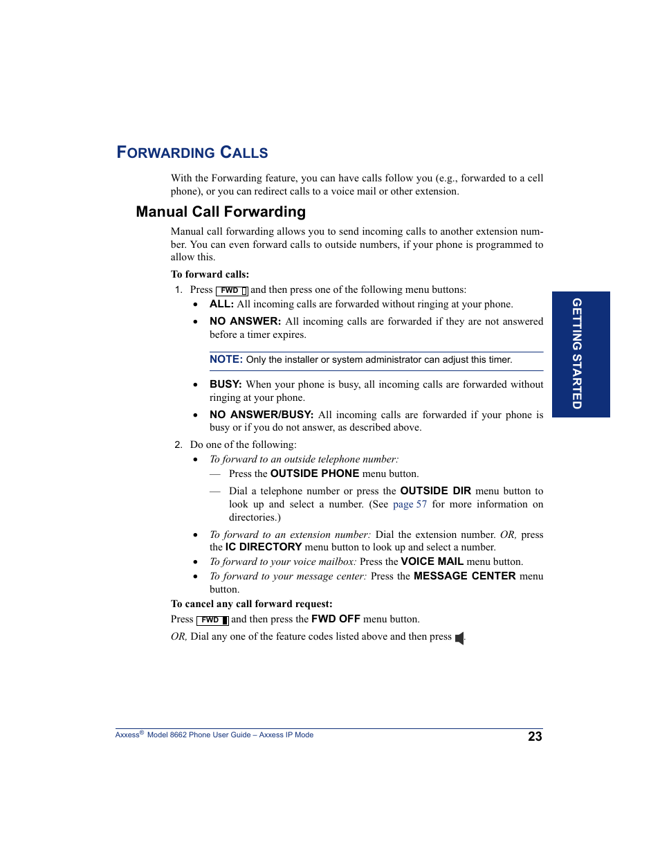 Forwarding calls, Manual call forwarding, Orwarding | Alls | Inter-Tel AXXESS 8662 User Manual | Page 33 / 90