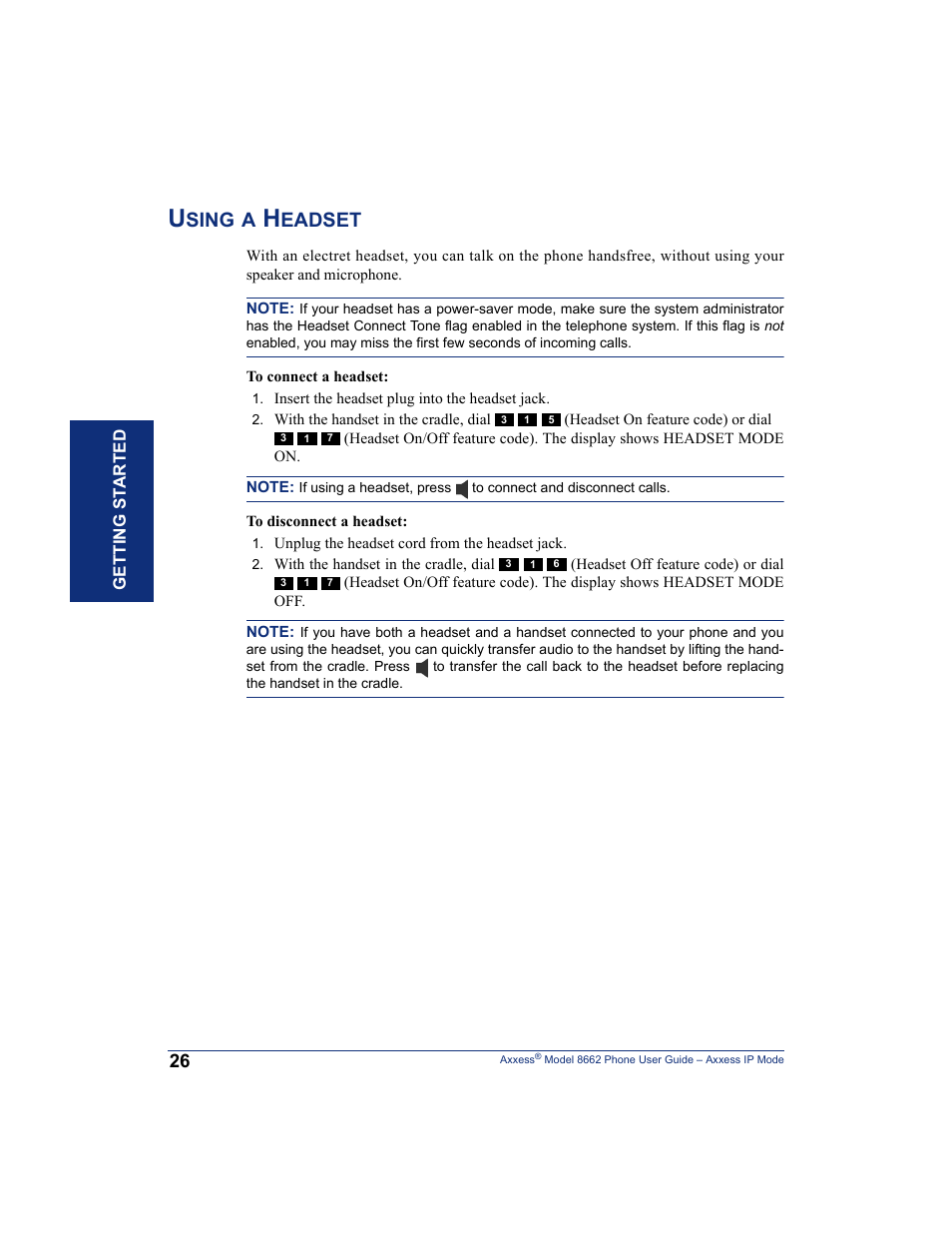 Using a headset, Sing, Eadset | Inter-Tel AXXESS 8662 User Manual | Page 36 / 90