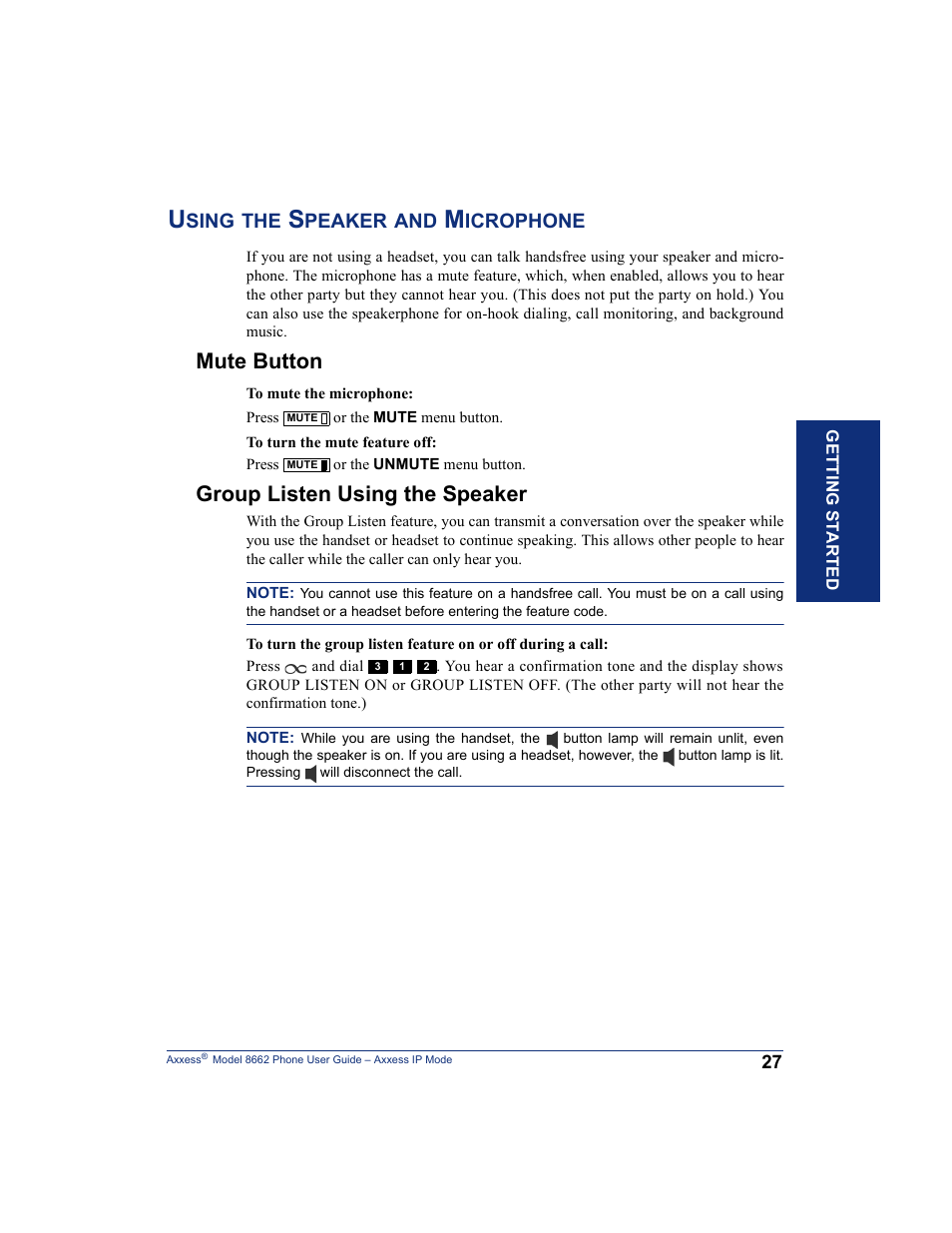 Using the speaker and microphone, Mute button, Group listen using the speaker | Inter-Tel AXXESS 8662 User Manual | Page 37 / 90