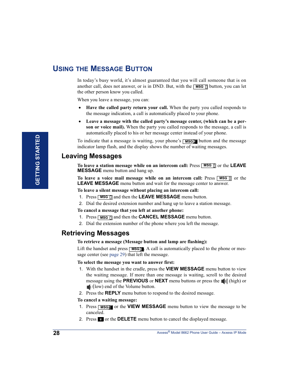 Using the message button, Leaving messages, Retrieving messages | Sing, Essage, Utton | Inter-Tel AXXESS 8662 User Manual | Page 38 / 90