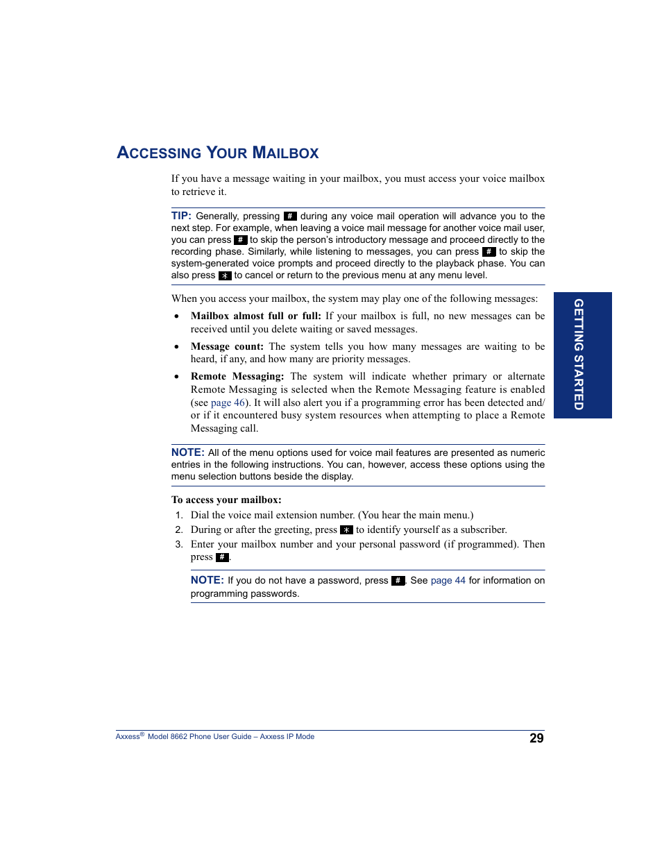 Accessing your mailbox, Ccessing, Ailbox | Inter-Tel AXXESS 8662 User Manual | Page 39 / 90
