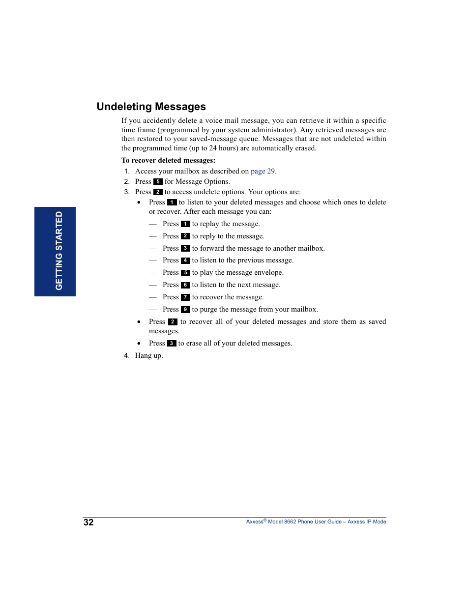 Undeleting messages | Inter-Tel AXXESS 8662 User Manual | Page 42 / 90