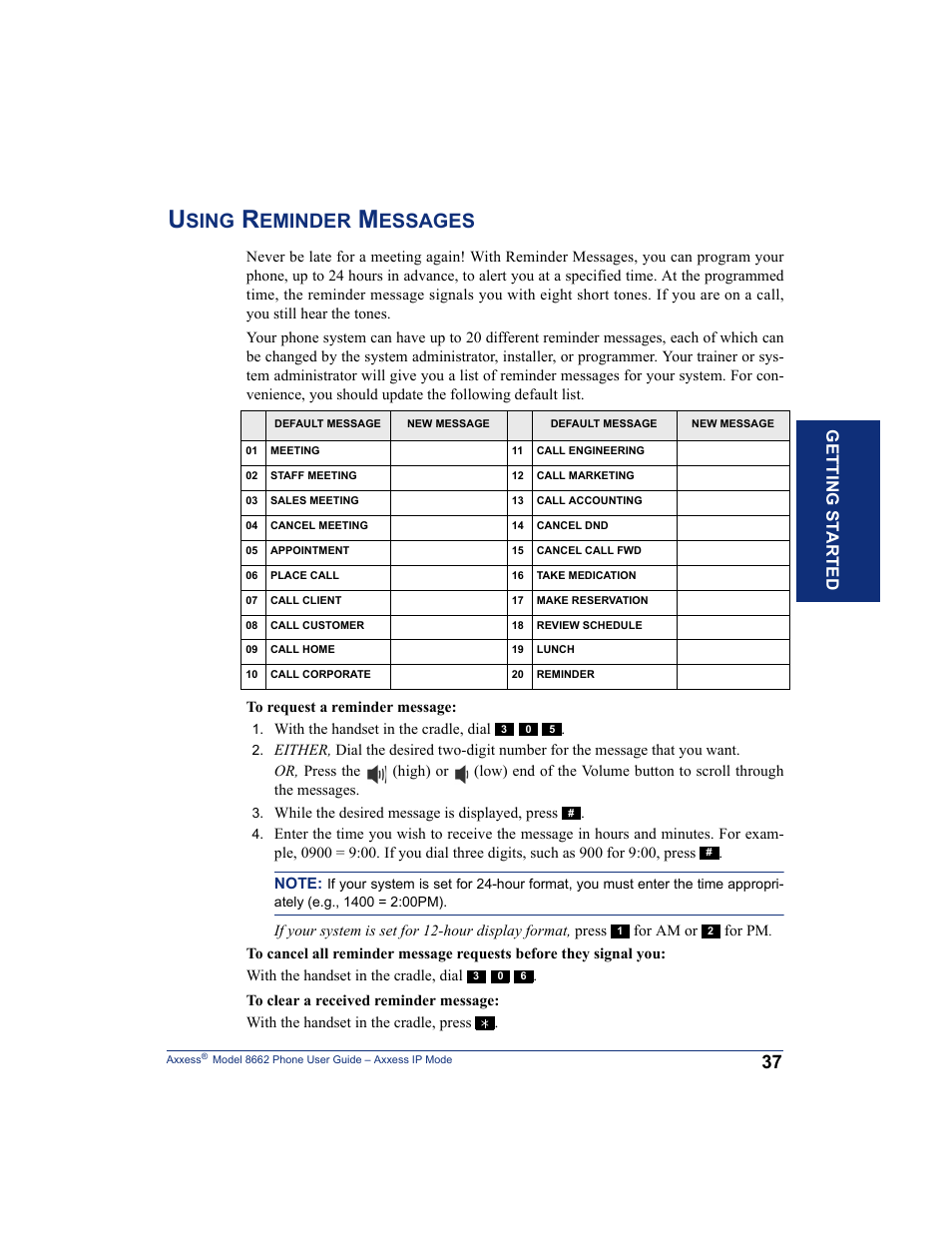 Using reminder messages, Sing, Eminder | Essages, Getting s t ar te d | Inter-Tel AXXESS 8662 User Manual | Page 47 / 90