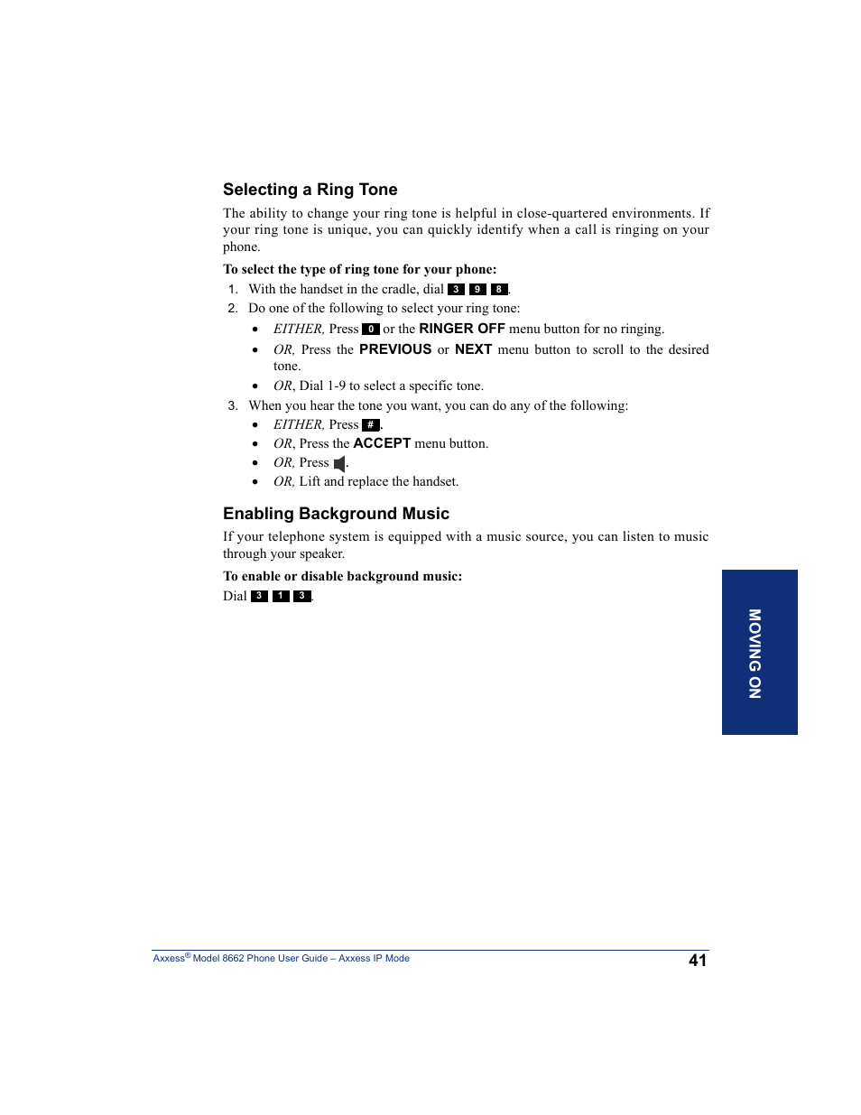 Selecting a ring tone, Enabling background music | Inter-Tel AXXESS 8662 User Manual | Page 51 / 90