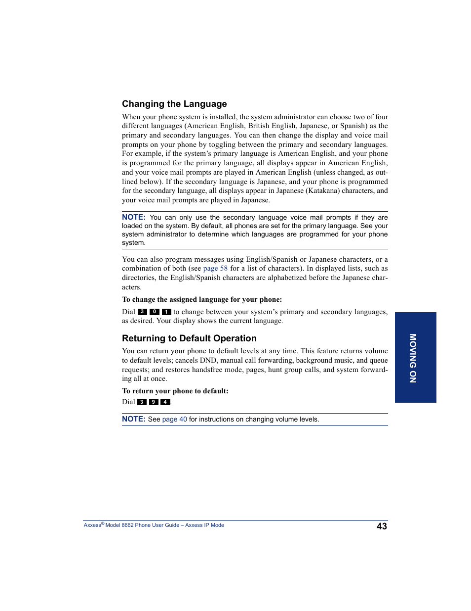 Changing the language, Returning to default operation | Inter-Tel AXXESS 8662 User Manual | Page 53 / 90