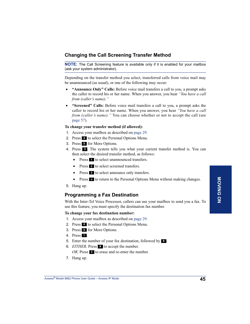 Changing the call screening transfer method, Programming a fax destination | Inter-Tel AXXESS 8662 User Manual | Page 55 / 90