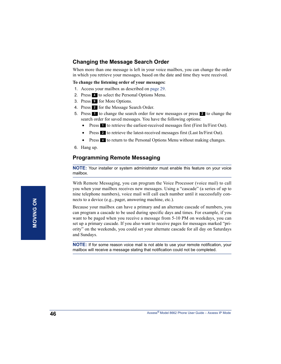 Changing the message search order, Programming remote messaging | Inter-Tel AXXESS 8662 User Manual | Page 56 / 90