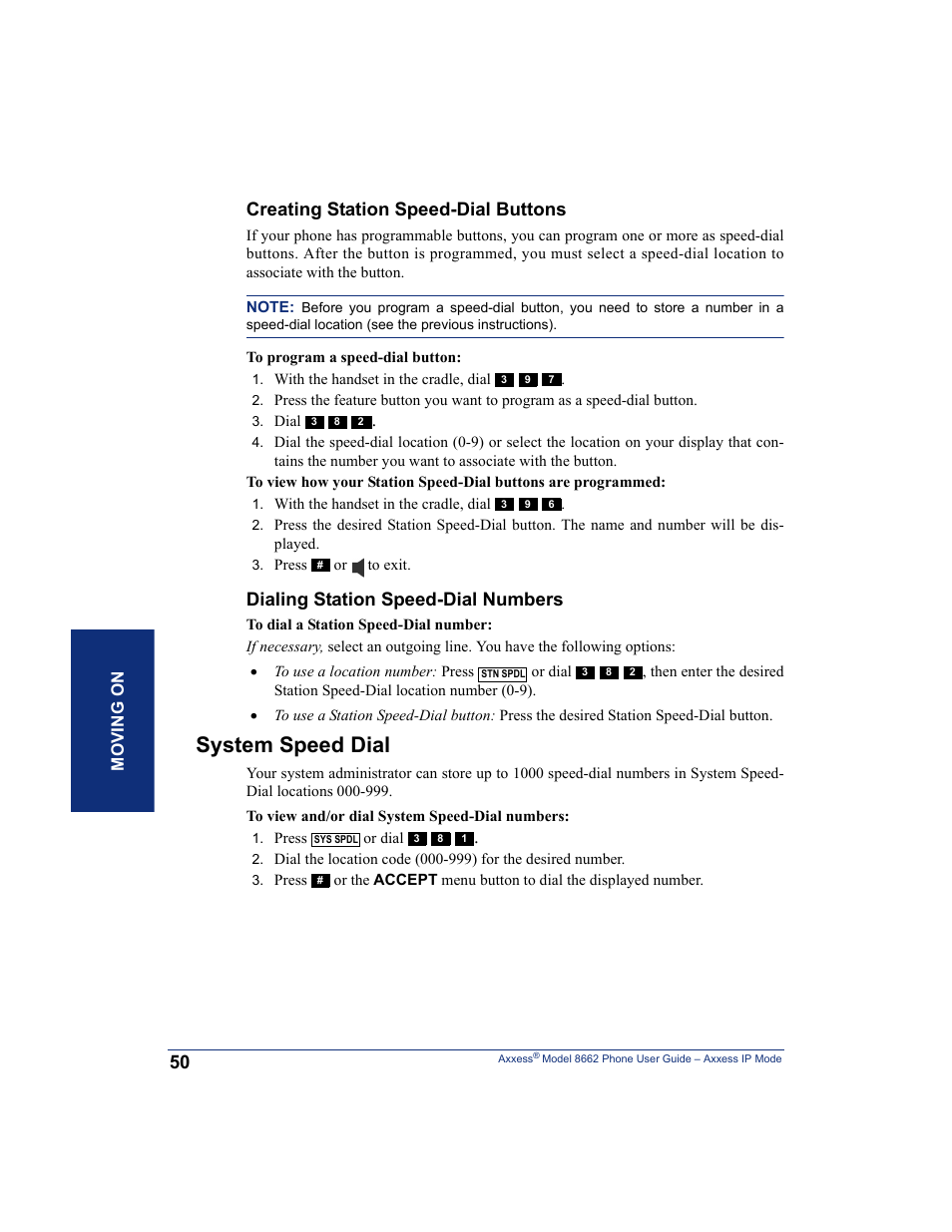 System speed dial, Creating station speed-dial buttons, Dialing station speed-dial numbers | Inter-Tel AXXESS 8662 User Manual | Page 60 / 90