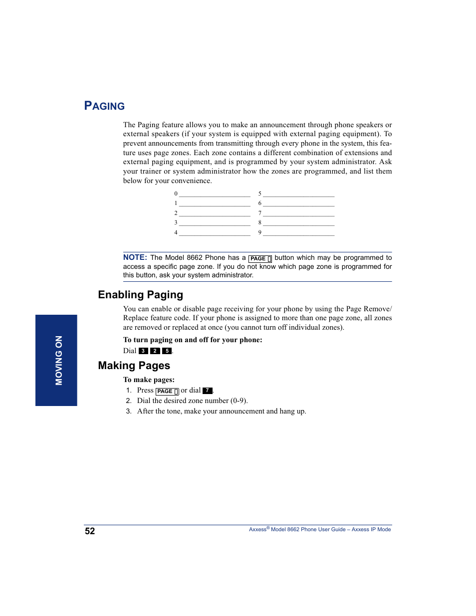 Paging, Enabling paging, Making pages | Aging | Inter-Tel AXXESS 8662 User Manual | Page 62 / 90