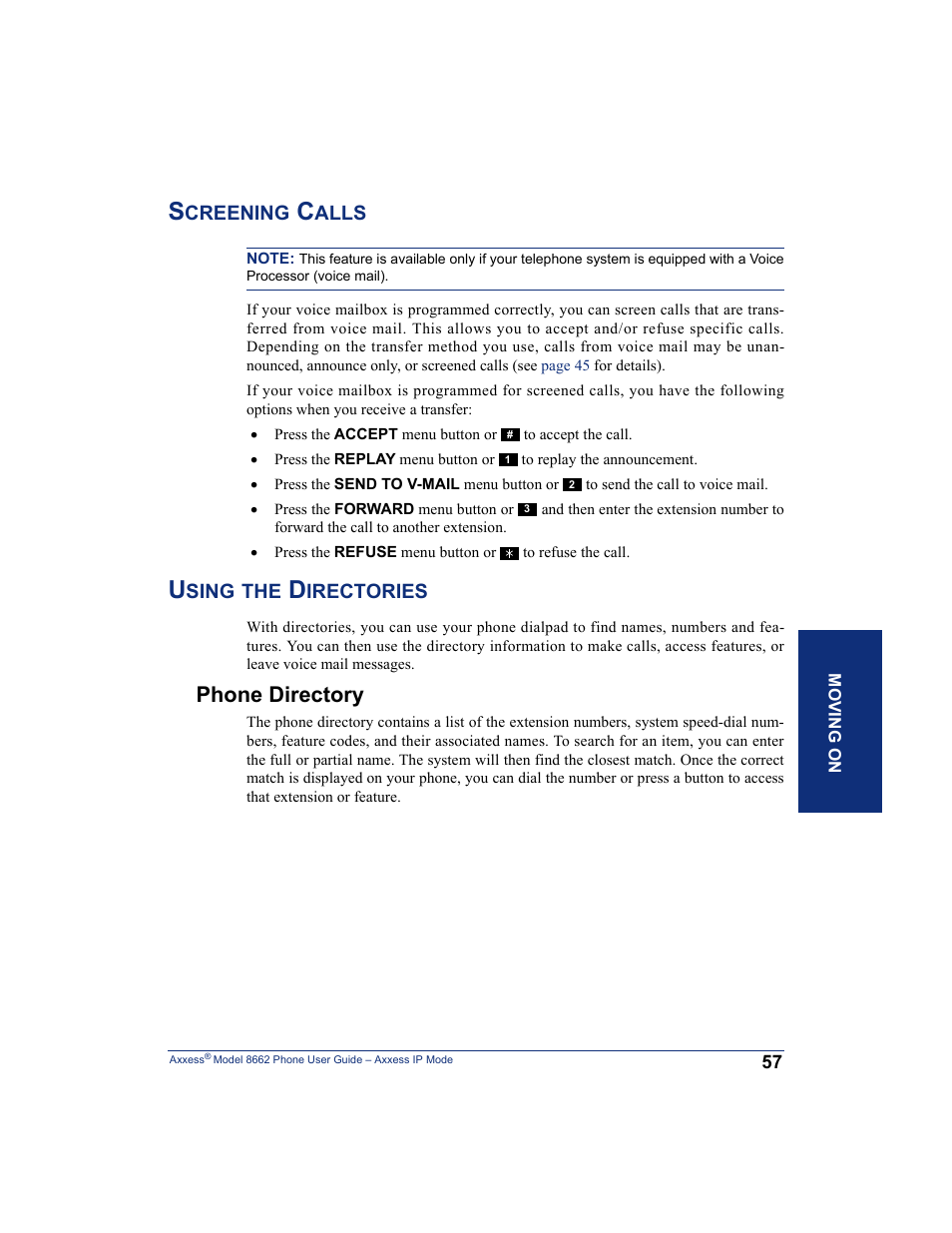 Screening calls, Using the directories, Phone directory | Screening calls using the directories | Inter-Tel AXXESS 8662 User Manual | Page 67 / 90