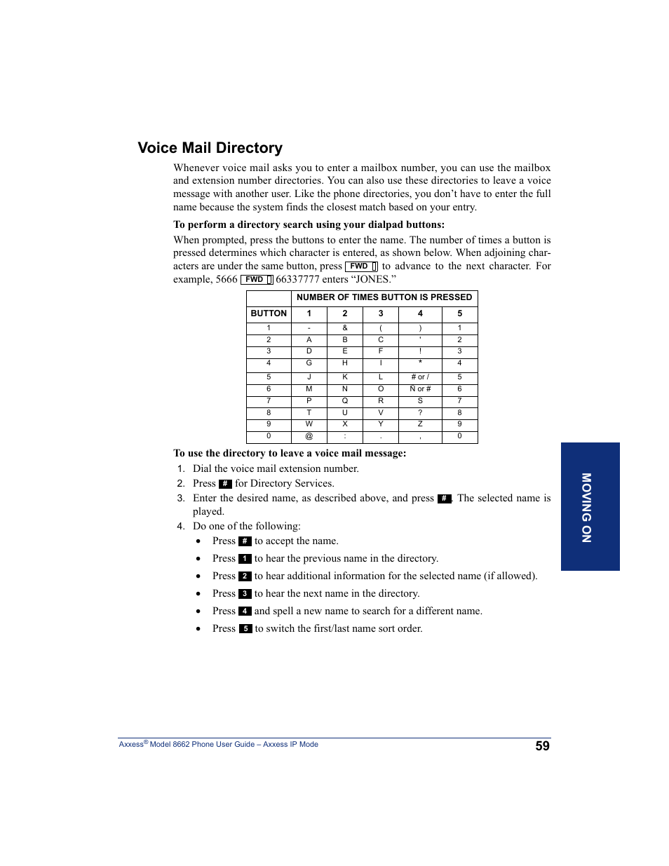 Voice mail directory, Moving on | Inter-Tel AXXESS 8662 User Manual | Page 69 / 90