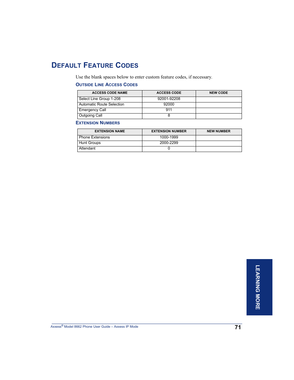 Default feature codes, Efault, Eature | Odes | Inter-Tel AXXESS 8662 User Manual | Page 81 / 90