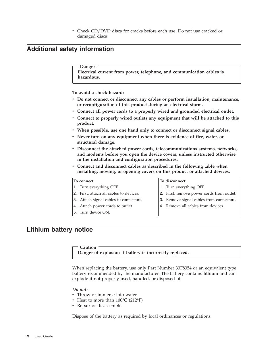 Additional safety information, Lithium battery notice, Additional | Safety, Information, Lithium, Battery, Notice | IBM Partner Pavilion 8124 User Manual | Page 12 / 64