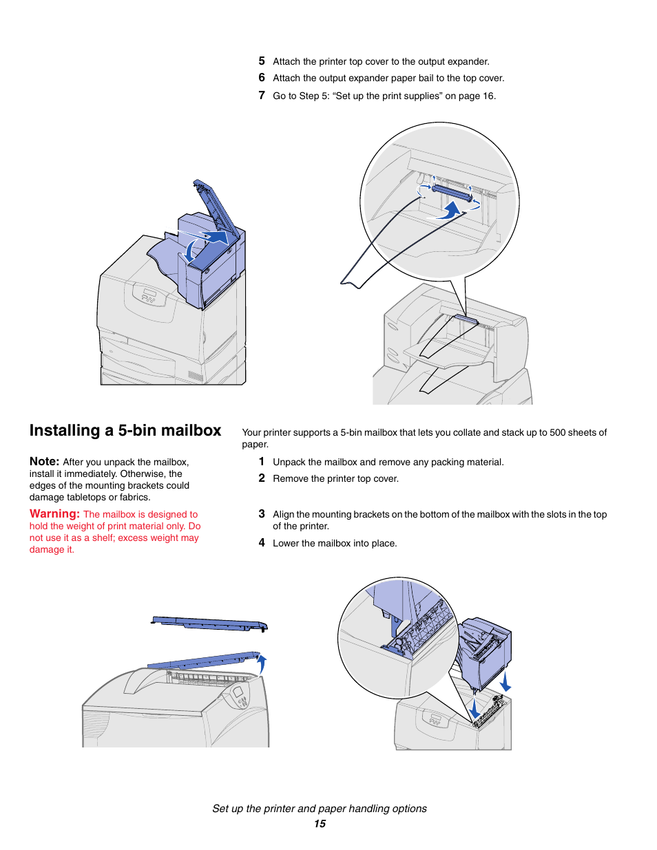 Installing a 5bin mailbox, 2 remove the printer top cover, 4 lower the mailbox into place | Installing a 5-bin mailbox | IBM Partner Pavilion 1464 User Manual | Page 15 / 44