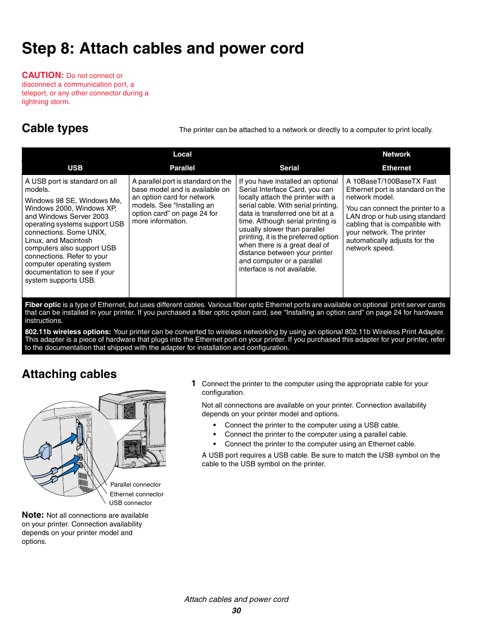 Step8: attach cables and power cord, Cable types, Attaching cables | Step 8: attach cables and power cord, Cable types attaching cables | IBM Partner Pavilion 1464 User Manual | Page 30 / 44