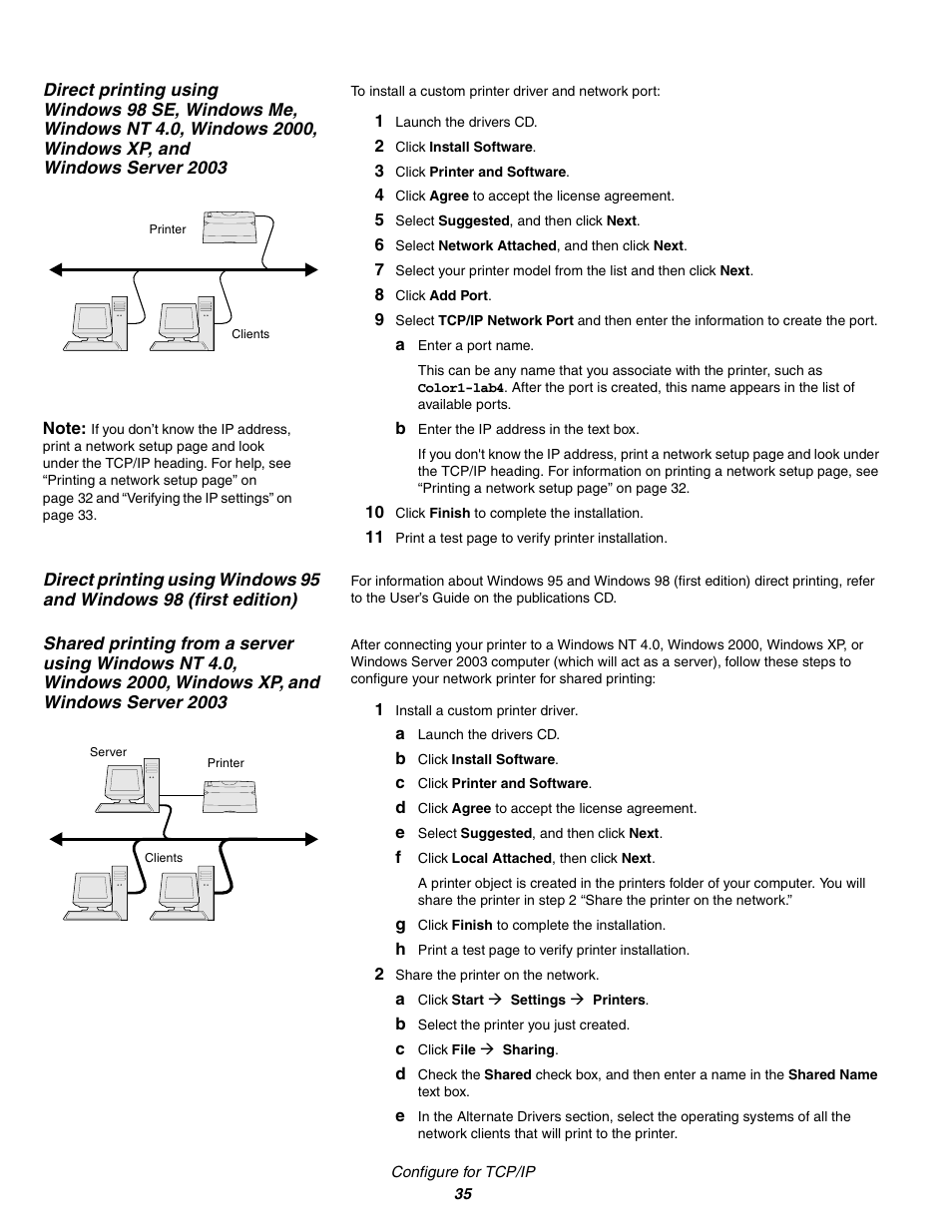 1 launch the drivers cd, 2 click install software, 3 click printer and software | 4 click agree to accept the license agreement, 5 select suggested, and then click next, 6 select network attached, and then click next, 8 click add port, A enter a port name, B enter the ip address in the text box, 10 click finish to complete the installation | IBM Partner Pavilion 1464 User Manual | Page 35 / 44