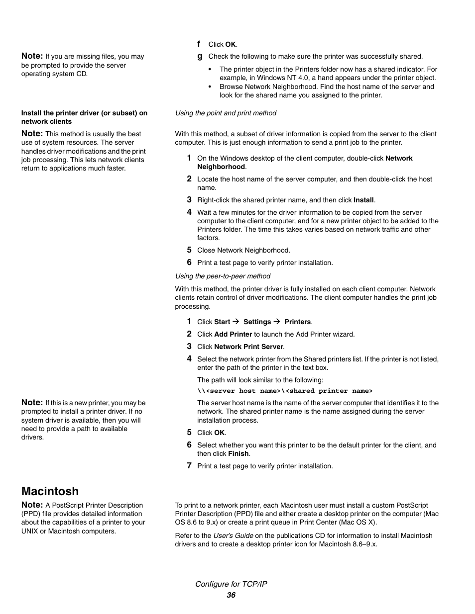 F click ok, 5 close network neighborhood, 1 click start‡ settings‡ printers | 3 click network print server, 5 click ok, Macintosh | IBM Partner Pavilion 1464 User Manual | Page 36 / 44