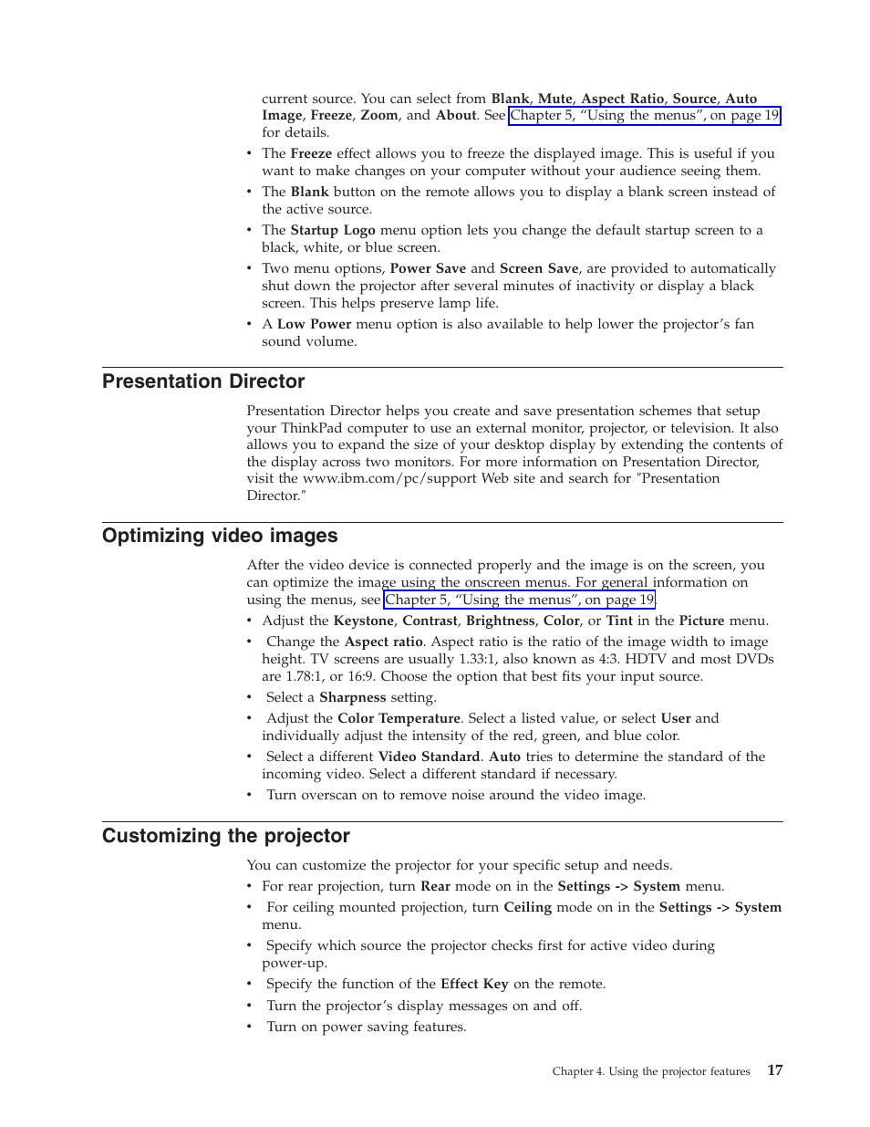 Presentation director, Optimizing video images, Customizing the projector | IBM Partner Pavilion iLC300 User Manual | Page 27 / 62