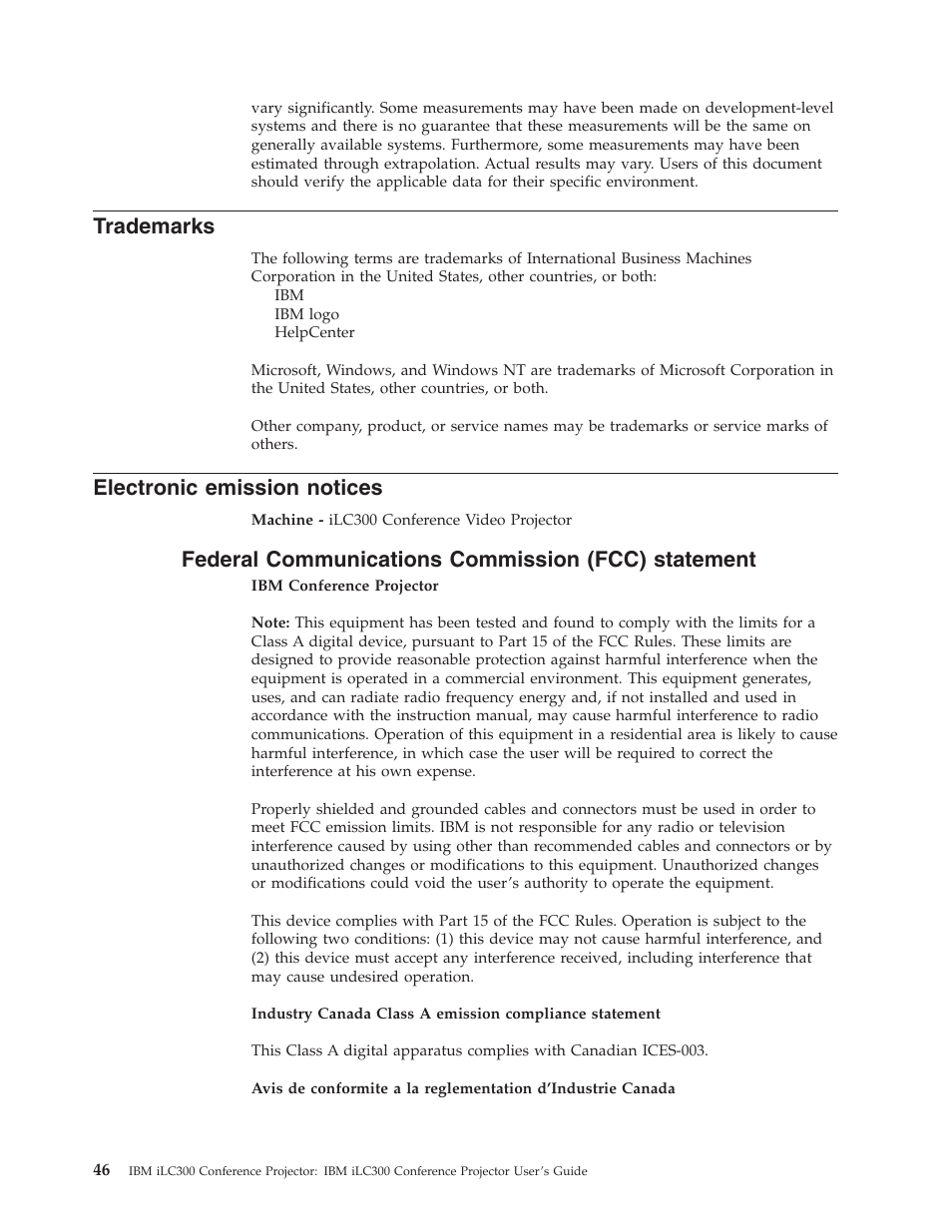 Trademarks, Electronic emission notices, Federal communications commission (fcc) statement | IBM Partner Pavilion iLC300 User Manual | Page 56 / 62