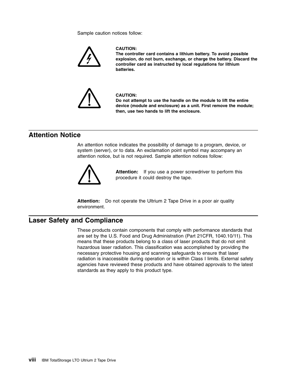 Attention notice, Laser safety and compliance, Viii | IBM Partner Pavilion T400F User Manual | Page 10 / 136