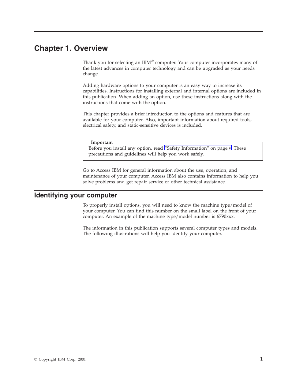 Chapter 1. overview, Identifying your computer | IBM Partner Pavilion 6350 User Manual | Page 13 / 86