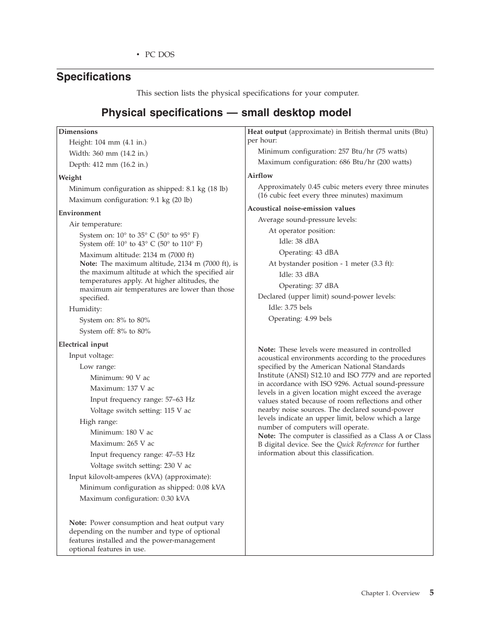 Specifications, Physical specifications — small desktop model | IBM Partner Pavilion 6350 User Manual | Page 17 / 86